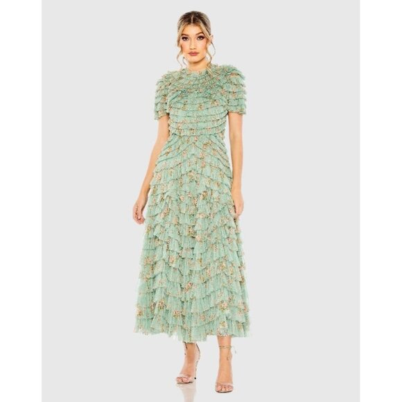 New Mac Duggal Size 6 Green Floral Ruffle Tiered Short Sleeve A Line Midi Dress